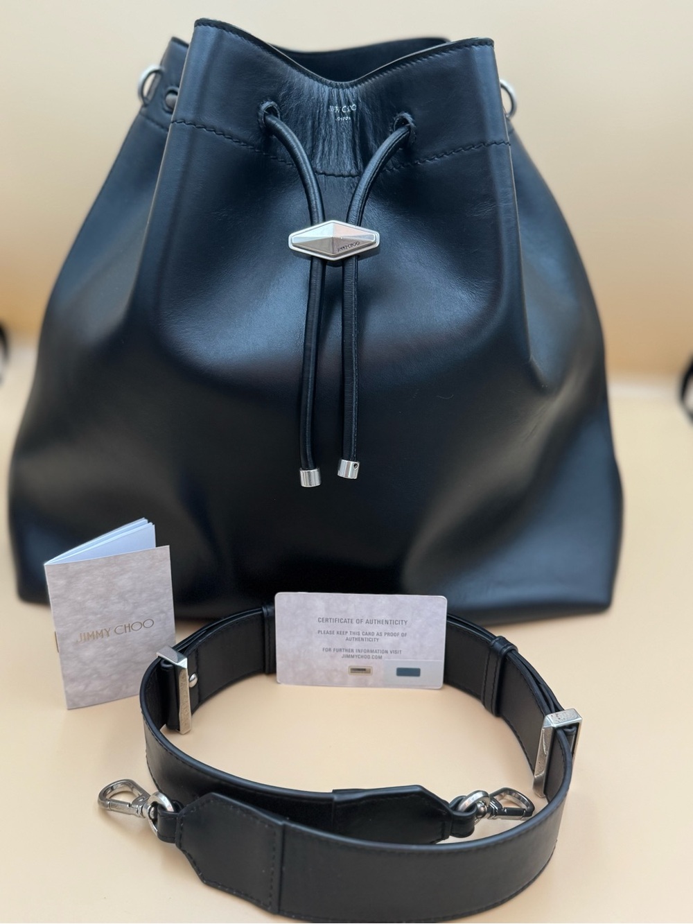 Jimmy Choo Cinch L Black Calf Leather Bucket Bag NWT Full Set
